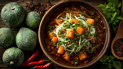 Close up papaya pok pok with chilli on the table , thai food style photo.