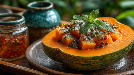 Close up piece of papaya on the table , thai food photo.