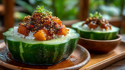 Close up rice in the papaya , thai food style.