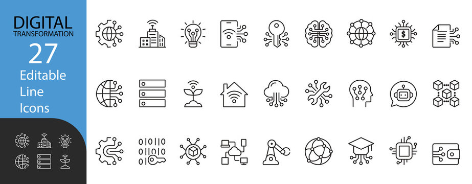 Digital Transformation solid icon set. Contains symbols for AI, Cloud Computing, IoT, Big Data, and Blockchain. Line vector design for corporate presentations, business strategy, and workflow.