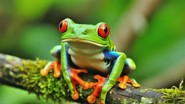 Red-Eyed Tree Frog on Mossy Branch in Caribbean Rainforest with Lush Foliage and Mist