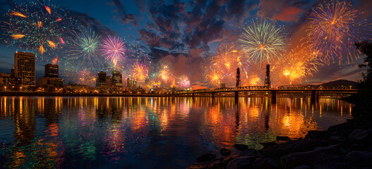 Flashing fireworks on a dramatic sunset sky with Portland, OR cityscape with Willamette river and Hawthorne bridge