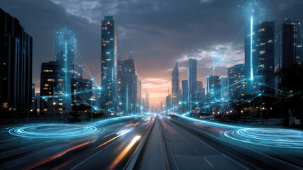 Fototapeta premium AI system monitoring traffic in real-time on smart roads. Automation of generation and training of artificial intelligence technology machines, AI.