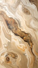 An abstract art piece with swirls of beige, cream, and brown resembling stone layers