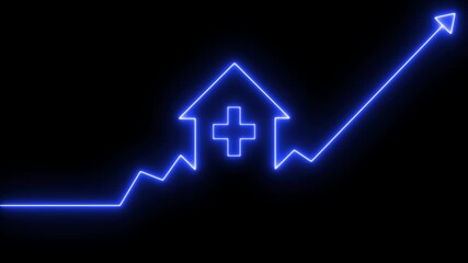 Home icon house sign neon lights animation with up arrow plus sign. Neon House, home building animation. Neon home business graph animation, medical, healthcare, addition, solution, emergency icon - Powered by Adobe