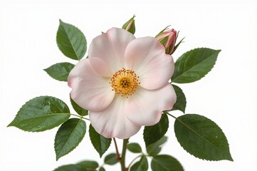 Obraz premium Pink rose bloom, buds, leaves, white background, floral design