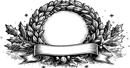 Vintage christmas wreath with engraved frame and ribbon for holiday designs