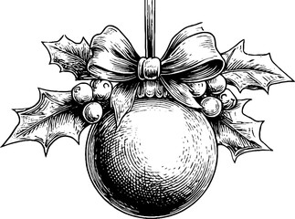 Fototapeta na wymiar Vintage christmas ornament ball with bow and holly leaves sketch design for holiday decor