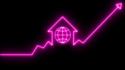 Home icon house sign neon lights animation with up arrow earth globe icon. Neon House, home building animation. Neon home business graph icon animation.  Globe symbol icon animation World web icon.  - Powered by Adobe