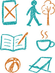 Colorful crayon-style doodles illustrating digital detox and relaxation activities — no phone, walking, reading, coffee, outdoor play, and resting moments.