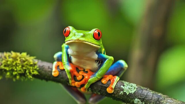 Red-Eyed Tree Frog on Mossy Branch in Caribbean Rainforest with Lush Foliage and Mist
