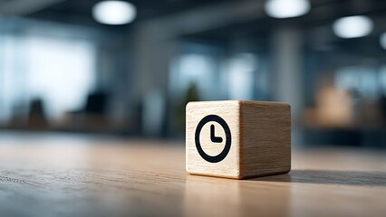 A wooden block with a clock icon sits on a table, symbolizing time