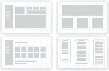 Responsive web and mobile wireframe layout grid design template. UI UX mockup with blue guidelines and content placeholders for website and app interface.