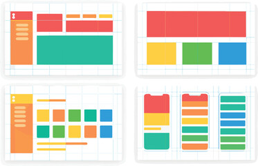 Colorful responsive grid layout system for website and mobile UI design, showcasing adaptive wireframe templates with vibrant blocks and clean alignment guides.