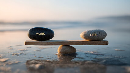 A balanced seesaw shows “WORK” and “LIFE”. work life balance concept