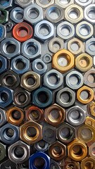 An abstract close-up of colorful, stacked, various-sized hexagonal nuts on a surface