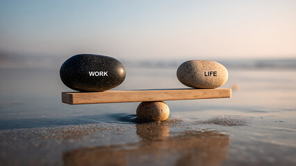 A balanced seesaw shows “WORK” and “LIFE”. work life balance concept
