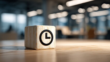 A wooden block with a clock icon sits on a table, symbolizing time