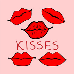 Many red lipstick kisses. Hand drawn flat vector. Valentine Day. Female lips. Kissing. Romantic holiday love, passion. Postcard celebration. Wedding anniversary. Doodle illustration.