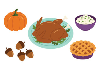 Cute Thanksgiving Feast Elements Turkey Pumpkin Pie Acorns Set