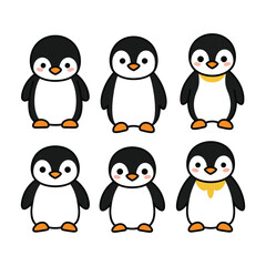 Six Adorable Cartoon Penguins Vector Illustration Set Cute Animals