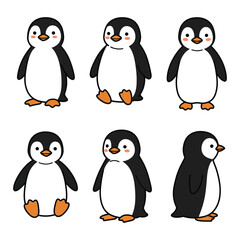 Cute Penguin Cartoon Set Six Different Poses Vector Illustration