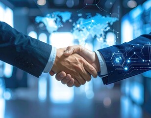 Global business partnership handshake with futuristic technology network overlay.