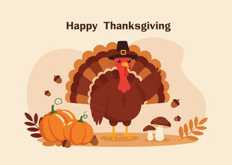Happy Thanksgiving Cartoon Turkey Pilgrim Hat Vector Illustration