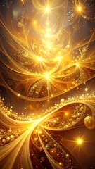 An abstract design features spiraling gold lights and bright, shining orbs
