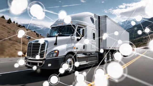 Modern Trucking in Action: A sleek semi-truck cruises along a highway, representing the cutting-edge of transportation and logistics. The vehicle navigates a network of interconnected data points.