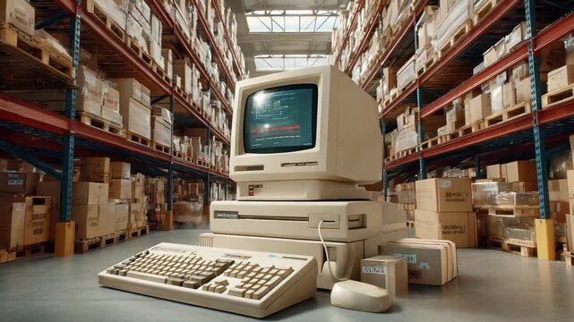 Vintage Computer in a Warehouse: A retro computer stands amidst stacks of boxes in a spacious warehouse, evoking a sense of nostalgia for classic technology and the evolution of industry.
