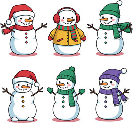 Four cheerful cartoon snowmen dressed in winter hats and scarves ready for the holidays