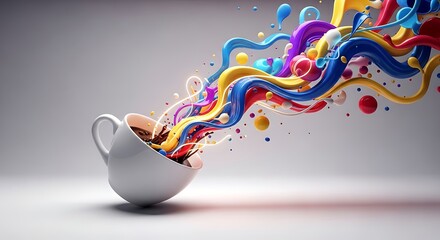 Vibrant Colorful Liquid Splashing Out of a White Coffee Cup.