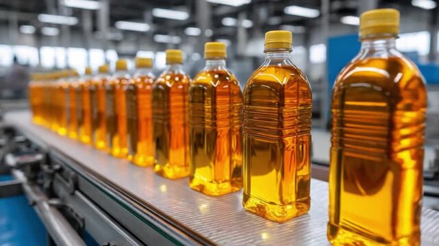Bottled Precision: A close-up shot of a conveyor belt, showcasing a line of newly filled bottles, each a vessel of liquid gold, neatly aligned and ready for distribution.
