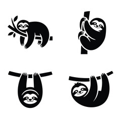 Sloth Silhouette Icons Hanging on Branches Set, Smiling Sloth Vector Collection, Monochrome Sloth Hanging Poses, vector, illustration. © naeem