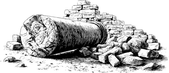 Fototapeta premium Ancient ruins scene with broken stone column for historical archaeological design