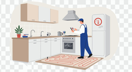 Home kitchen heating system and technician checking temperature on digital device