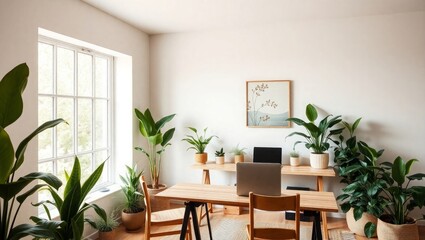 Bright modern workspace with plants and natural light