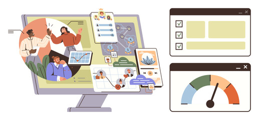 Desktop screen with collaborative team, task charts, and performance monitor. Ideal for teamwork, project management, data analysis, productivity, business planning, efficiency and creativity