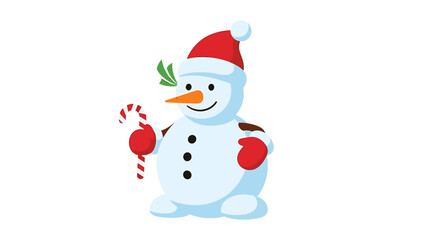 A cheerful cartoon snowman wearing a Santa hat and red mittens, holding a candy cane.