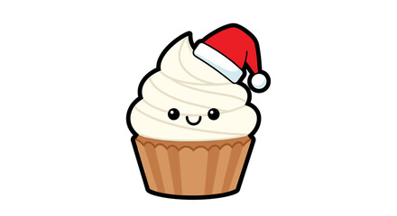 A cute kawaii-style cupcake with a smiling face wearing a red Santa hat for Christmas.