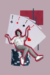 Template sketch image composite artwork collage of young lady sit chip smile card ice blackjack risk lucky casino game player roll jackpot