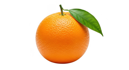 Fresh orange with a green leaf isolated on transparent background, closeup view
