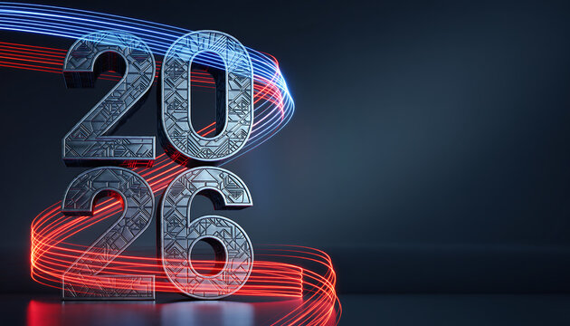 Futuristic metallic numerals "2026" illuminated by swirling ribbons of red and blue light against a dark, reflective background.