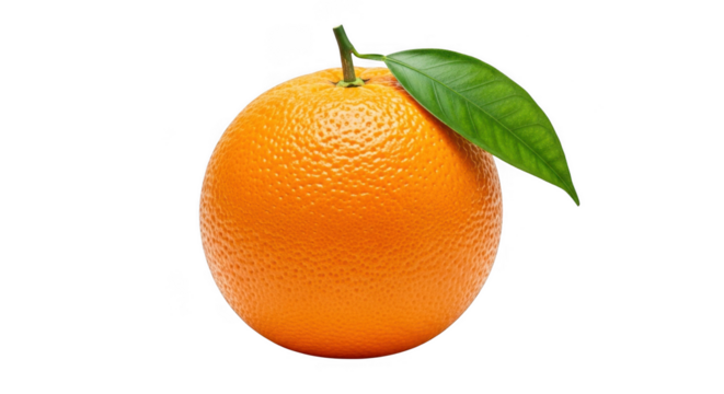 Fresh orange with a green leaf isolated on transparent background, closeup view