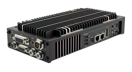Industrial Computer Server with Multiple Connectors and Cooling Fins in Black Metal Enclosure