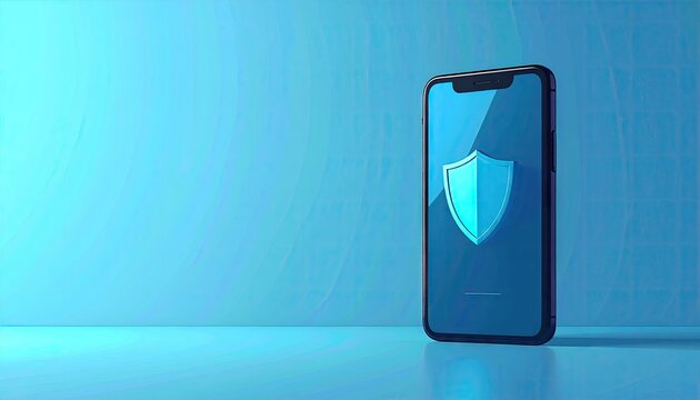 Smartphone security shield icon on a vibrant blue background.