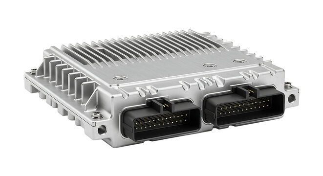 Automotive Electronic Control Unit with Silver Metal Housing and Dual Connectors
