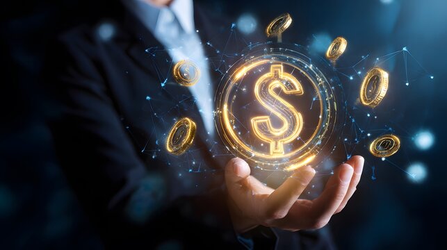 Futuristic finance visualizes digital dollar sign stablecoin blockchain network innovation concept