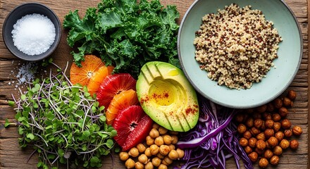 A vibrant and healthy salad with fresh ingredients, showcasing a colorful mix of vegetables, fruits, and grains on a wooden table